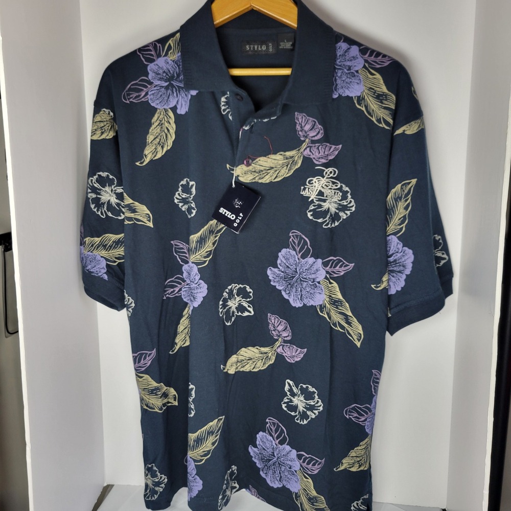 Stylo Golf Mens Polo Shirt Large Navy Blue Floral Tropical Las Vegas Cotton NWT